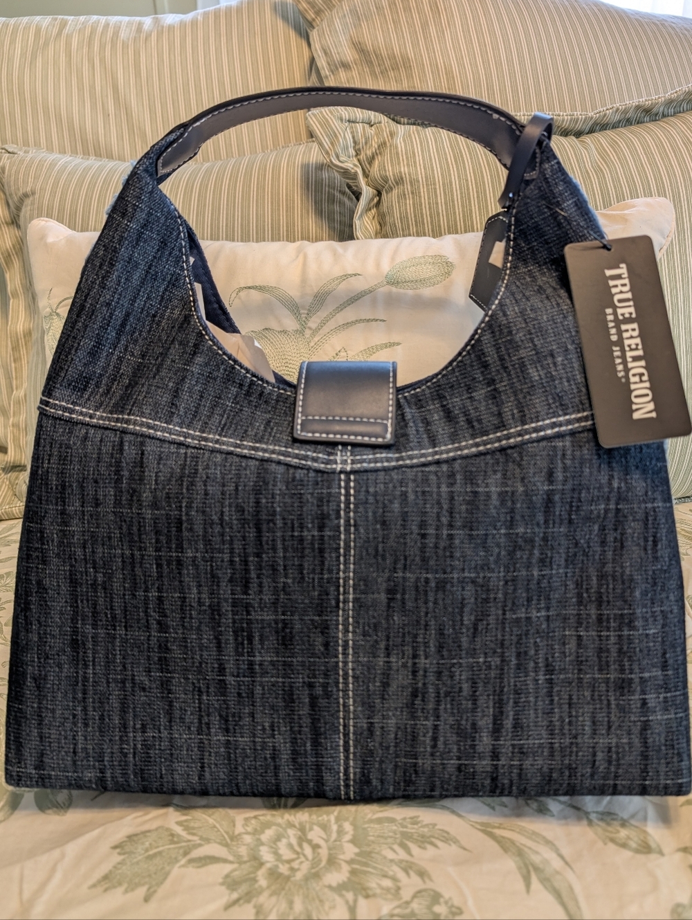 True Religion Dark Blue Denim Hobo Bag with Signature Silver Logo Accent NWT - Picture 2 of 10